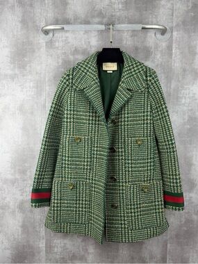 Gucci Green and Cream Houndstooth Wool Coat with Red-Green Cuff Detail